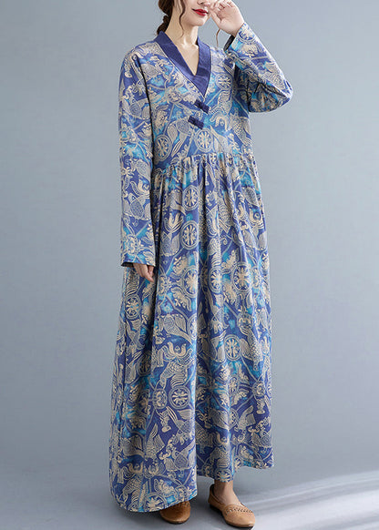 Style Blue Wrinkled V Neck Exra Large Hem Cotton Long Dresses Long Sleeve