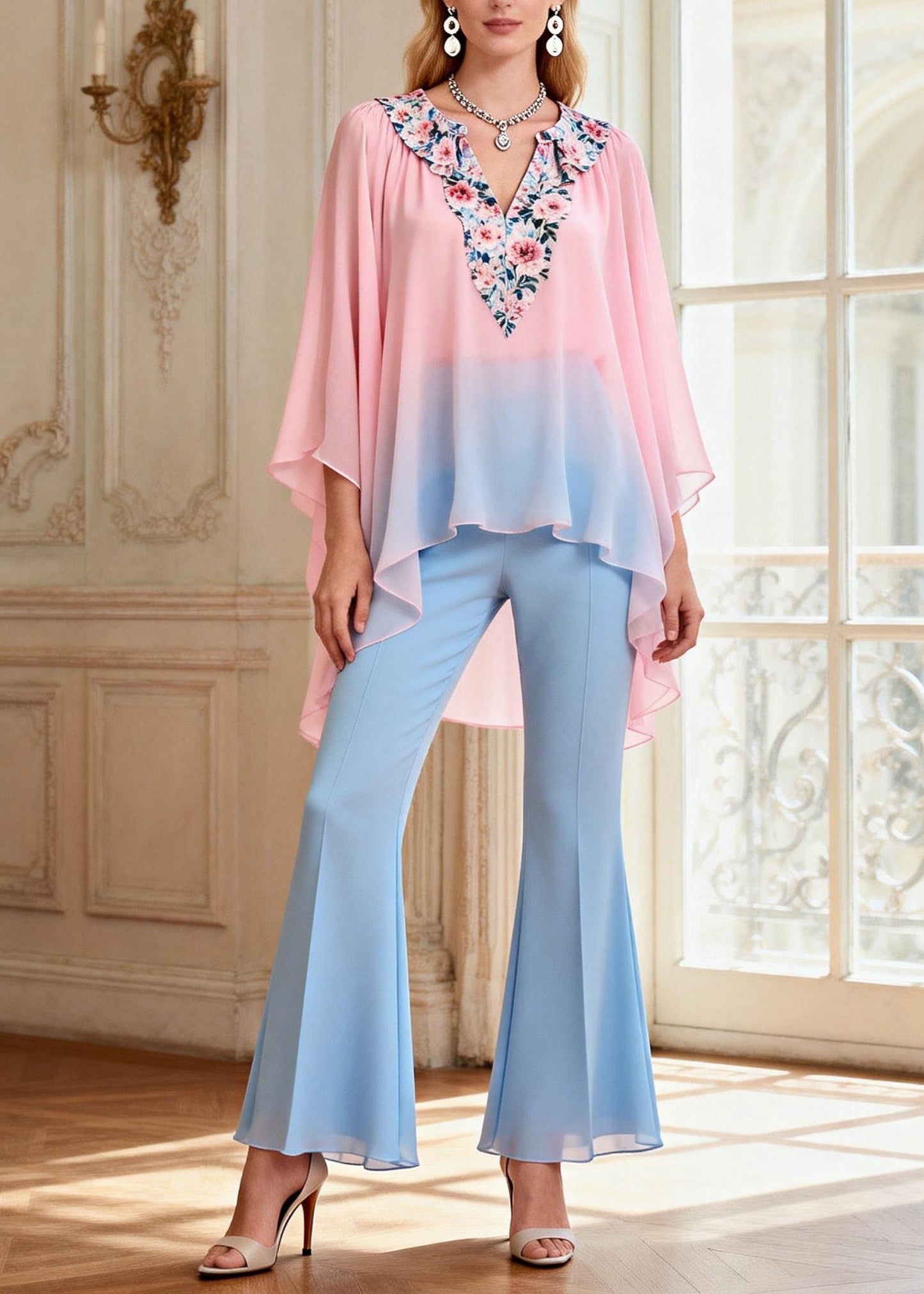 Asymmetrical Design Top and Pants Chiffon Two Pieces Set Summer