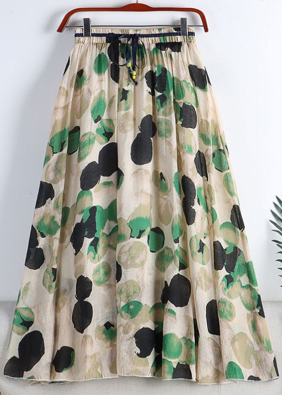 Green Print Elastic Waist Tie Waist Chiffon a Line Skirt Summer