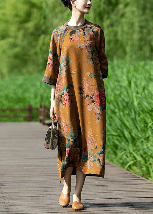 Yellow O-neck Patchwork Print Silk Long Dress Caftan Bracelet Sleeve