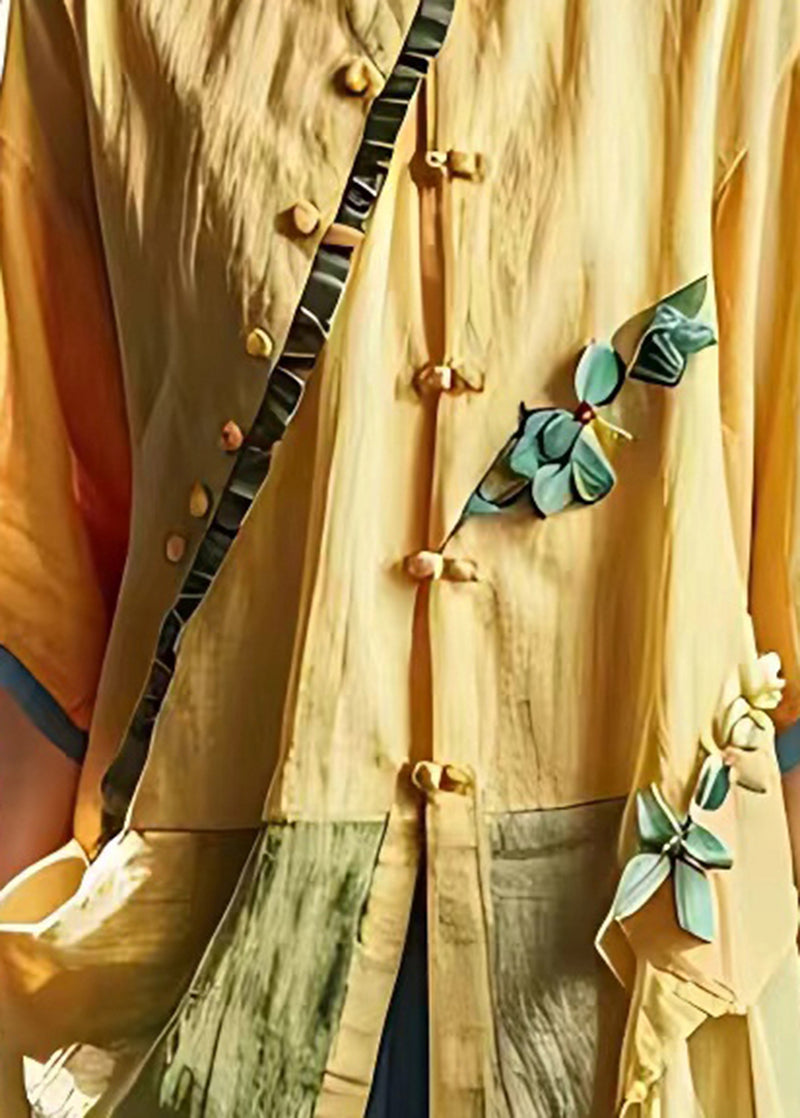 Yellow Asymmetrical Patchwork Wrinkled Linen Shirt Summer