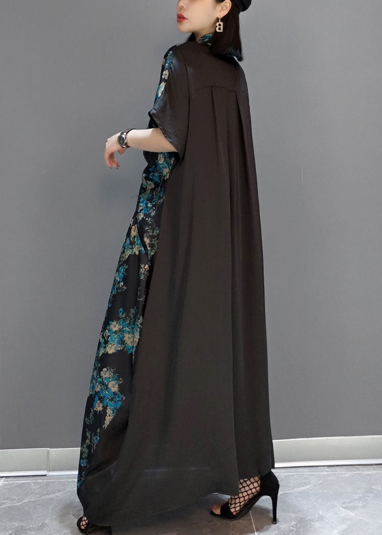 Blue Patchwork Silk Maxi Dresses Short Sleeve