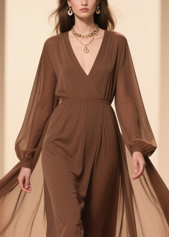Coffee Wrinkled Chiffon Maxi Dresses V Neck
