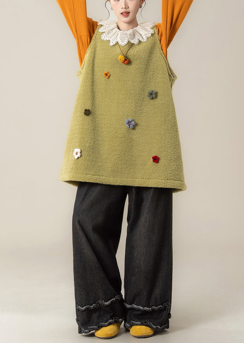 Loose Fruit Green Fluffy Waistcoat and Black Ruffled Pants Two Pieces Set Sleeveless