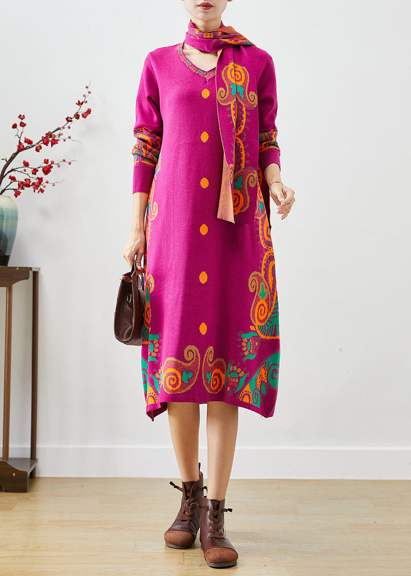 Rose Print Complimentary Scarf Knit Dress Fall