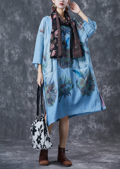 Denim Blue Oversized Print Cotton Robe Dresses Fall