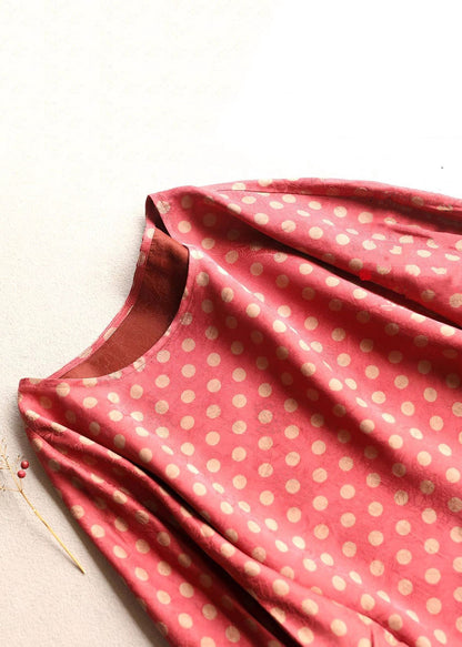 Red O-neck Dot Silk T Shirt Half Sleeve