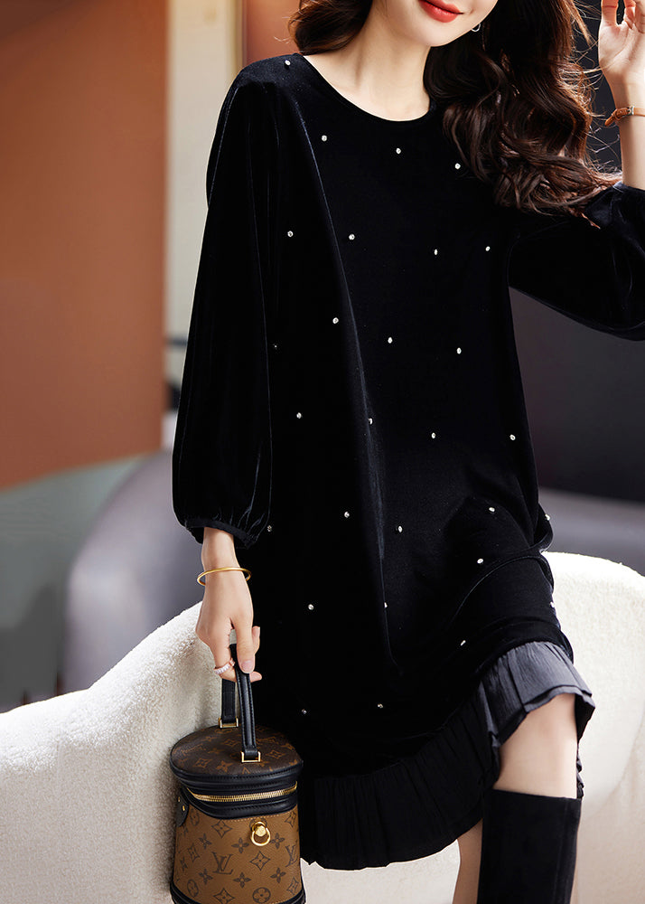 Fine Black O Neck Nail Bead Patchwork Velour Dress Fall