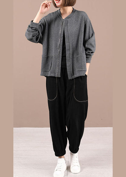 Grey Knit Zippered Patchwork Fall Long Sleeve Jackets