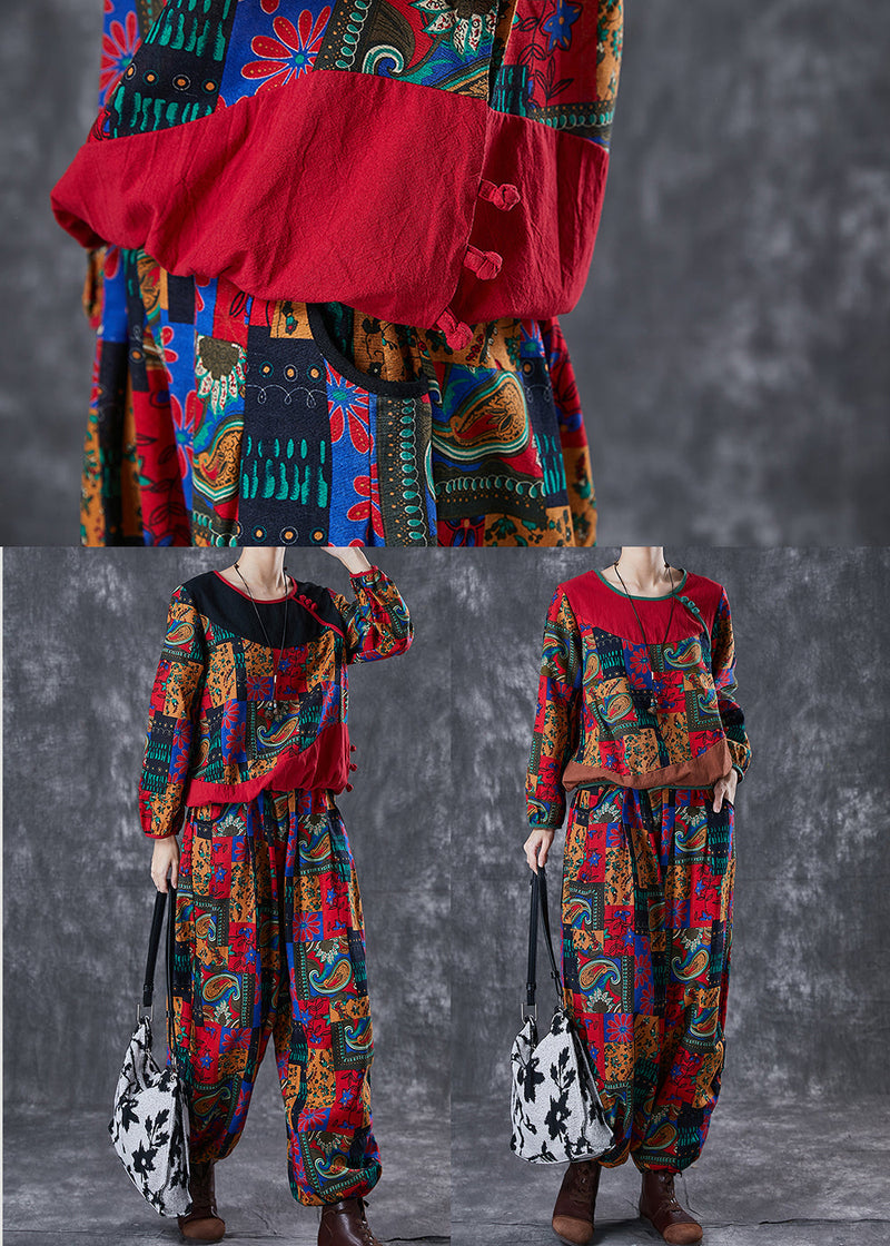 Red Print Patchwork Cotton Two-piece Set Fall