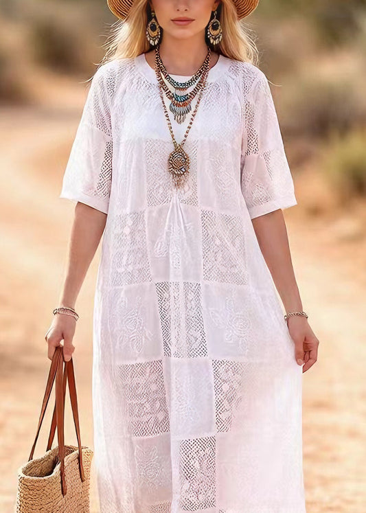 White O Neck Embroidered Lace Maxi Dress Summer