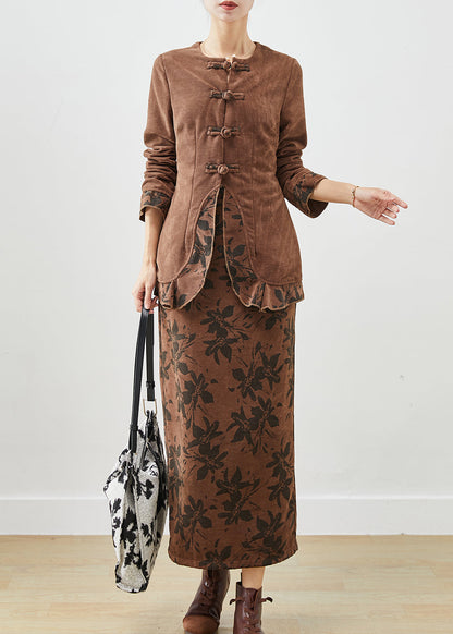 Coffee Print Patchwork Ruffles Cotton Two Pieces Set Winter
