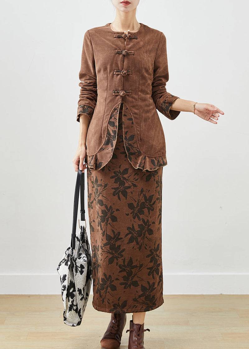 Coffee Print Patchwork Ruffles Cotton Two Pieces Set Winter