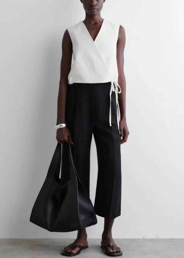 Black V Neck Lace Up Linen Shirt Tops Summer