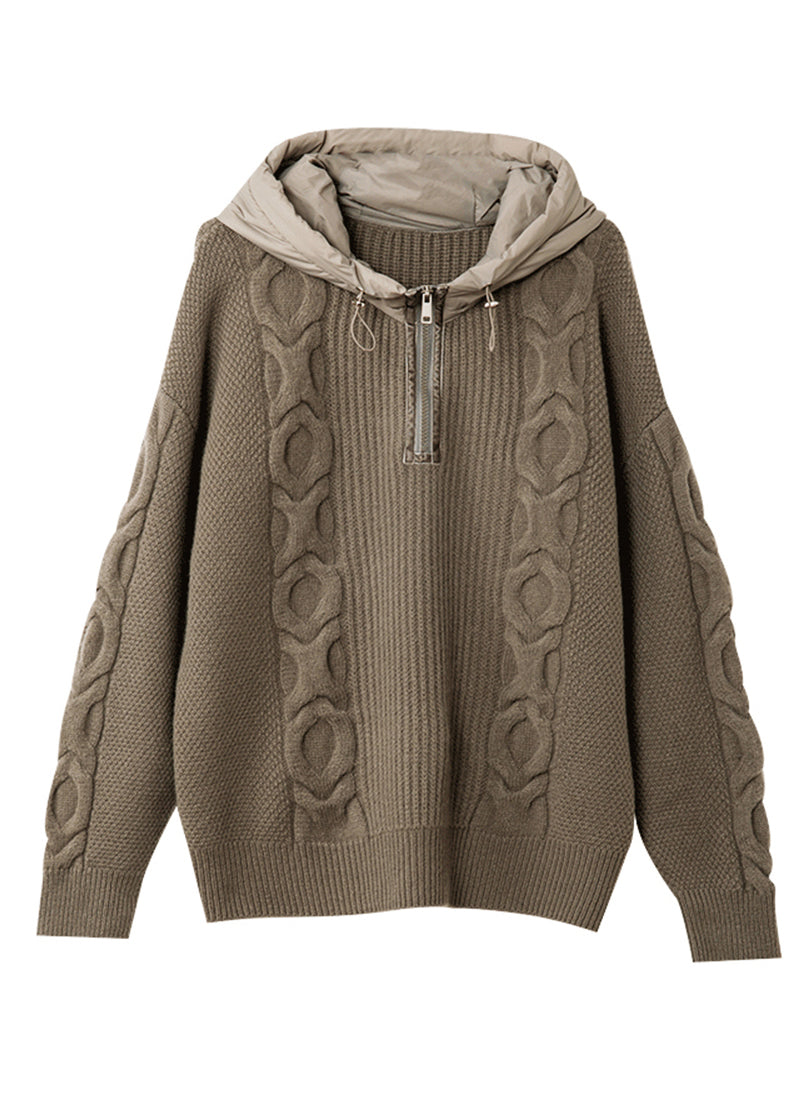 Grey Hooded Patchwork Knit Sweatshirts Top Winter