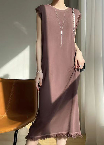 French Beige O-neck Tasseled Ice Silk Knit Dress Sleeveless