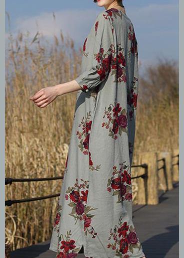 O Neck Pockets Spring Tunic Work Outfits Chinese Rose Flower Long Dress