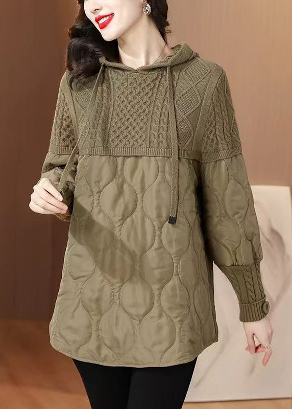 Khaki Hooded Knit Patchwork Thick Tops Long Sleeve