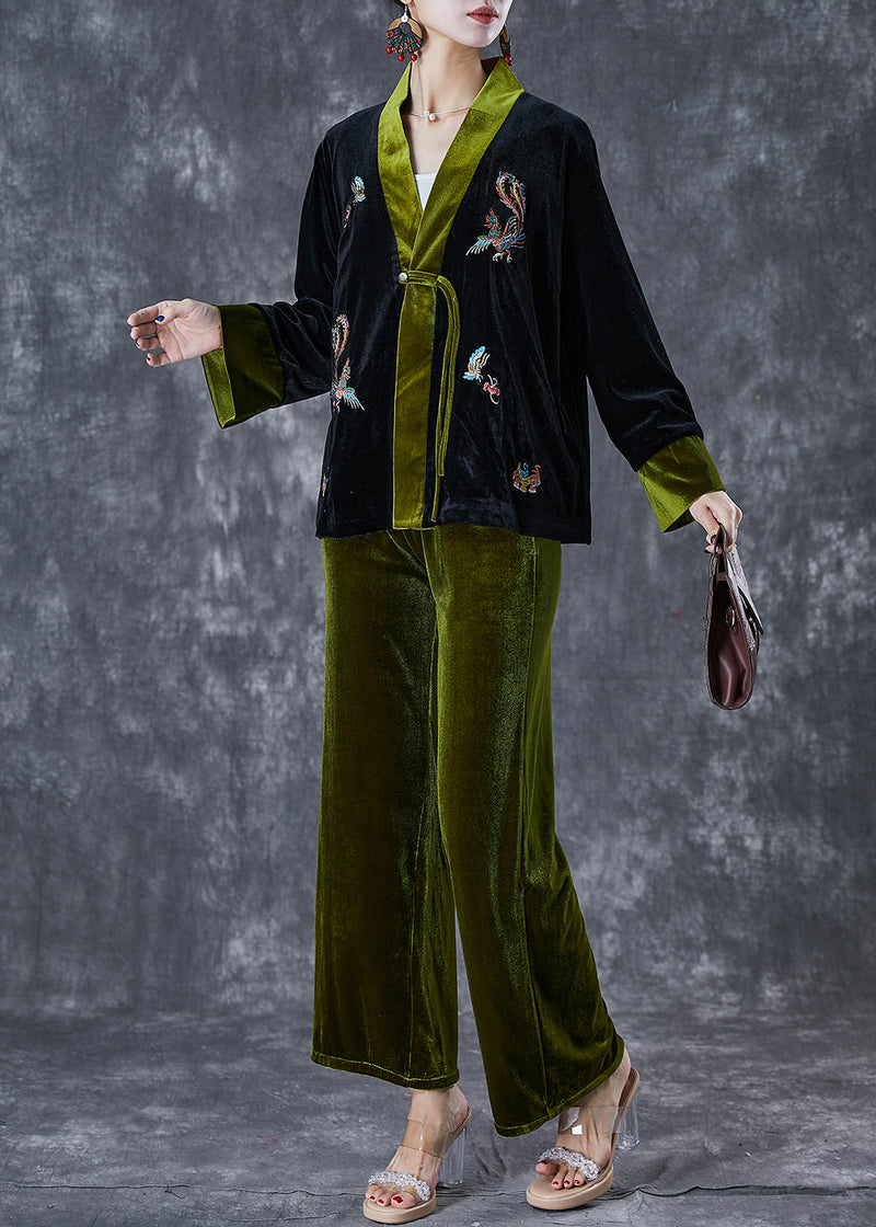 Blackish Green Embroideried Patchwork Silk Velour Two Pieces Set Fall