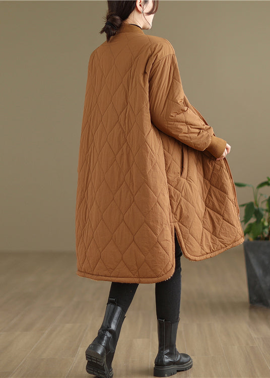 Khaki Pockets Zippered Warm Fleece Coat Winter