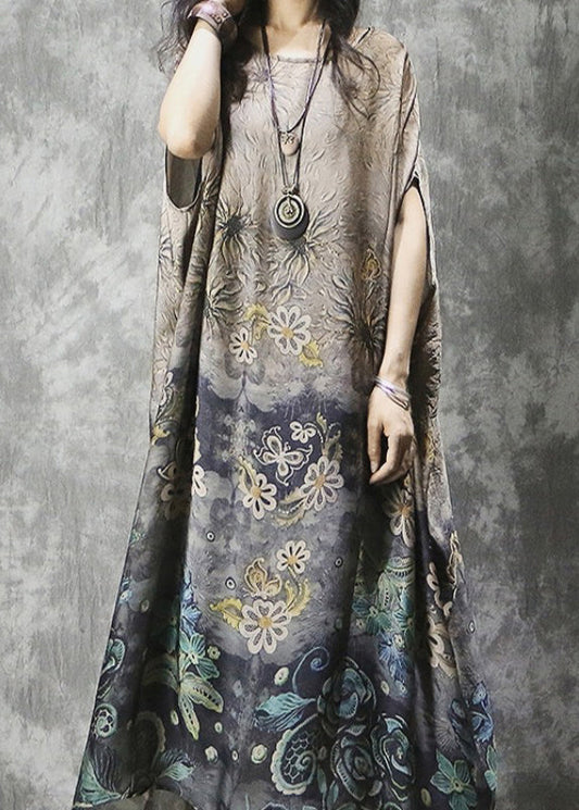 O-neck Print Silk Vacation Dress Batwing Sleeve