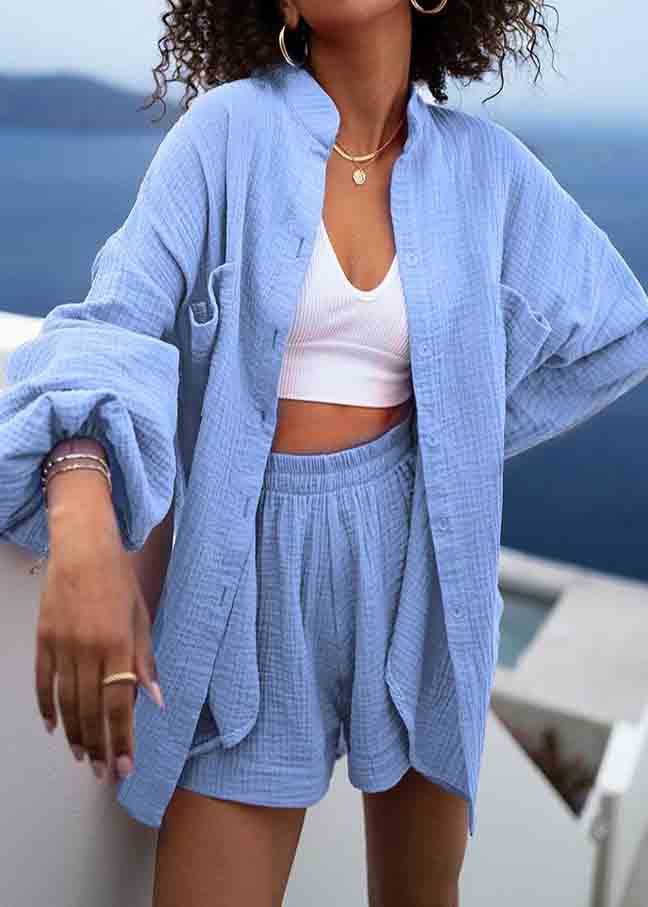 Blue Oversized Cotton Two Piece Suit Set Lantern Sleeve