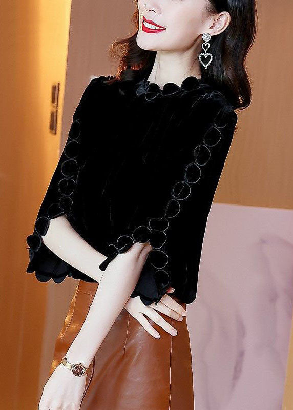 Black O-neck Color Original Design Velour Shirt Top Flare Sleeve