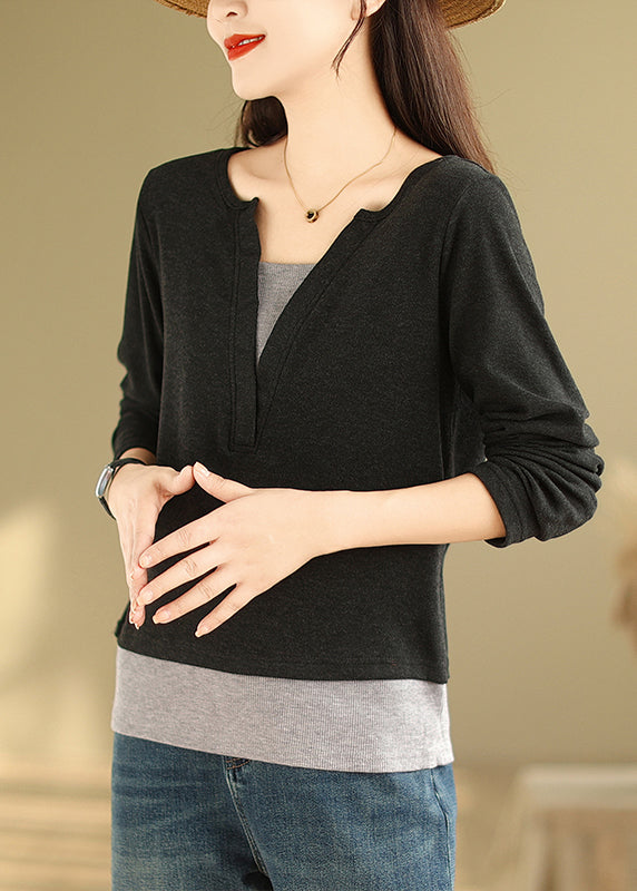 Black Patchwork Versatile Cotton T Shirts V Neck False Two Pieces Fall