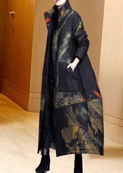 Black Stand Collar Pockets Print Fine Cotton Filled Trench Coat Spring