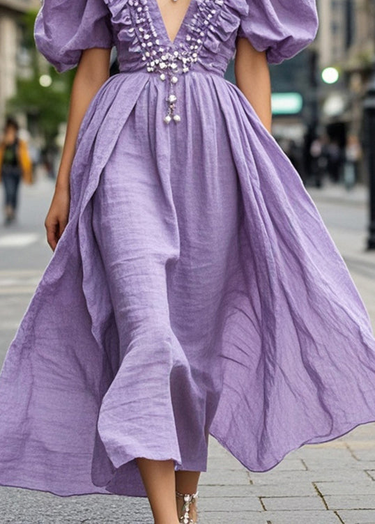 Lavender Ruffled Nail Bead Cotton Dress Puff Sleeve