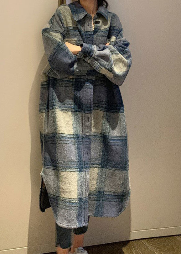 Blue Peter Pan Collar Pockets Plaid Woolen Long Coats Fall