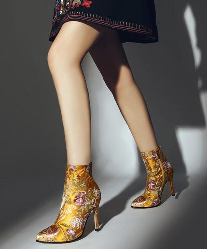 Yellow Embroidered Zippered Silk Velour High Heel Ankle Boots