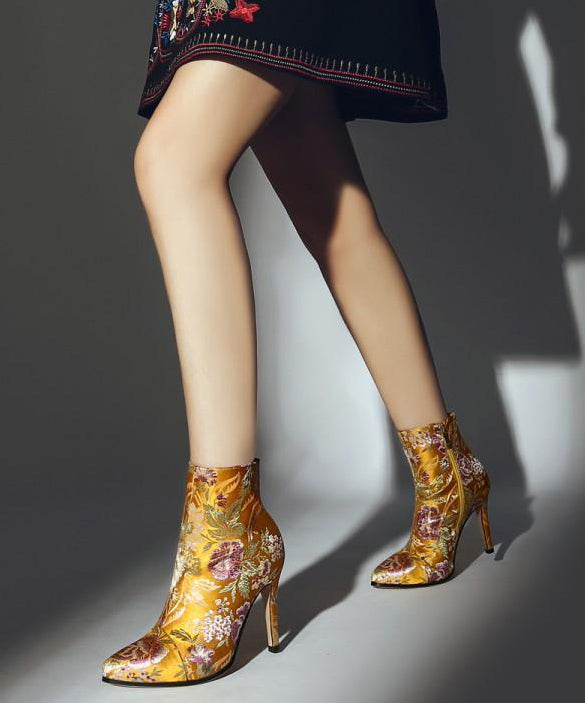 Yellow Embroidered Zippered Silk Velour High Heel Ankle Boots
