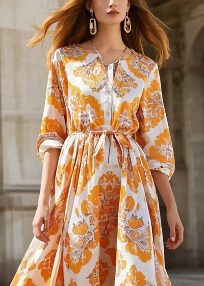 Orange Print Exra Large Hem Silk Tunic Dress Spring