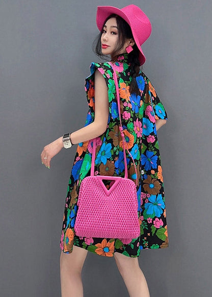 Red Peter Pan Collar Print Button Mid Dress Short Sleeve