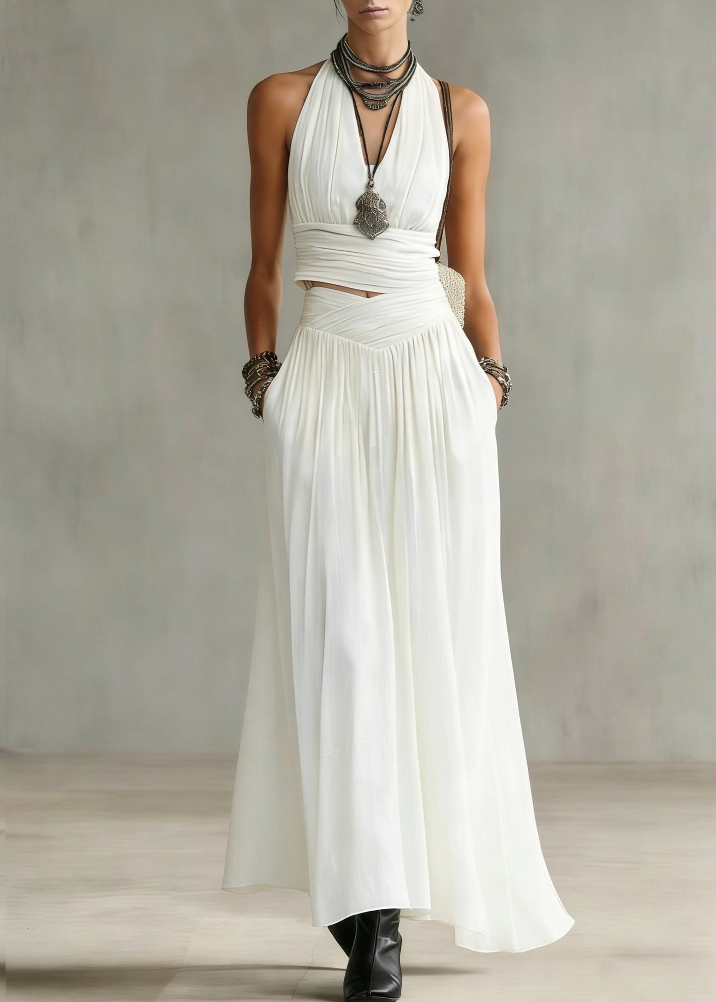 Natural White V Neck Wrinkled Top and Maxi Skirts Two Pieces Set Summer