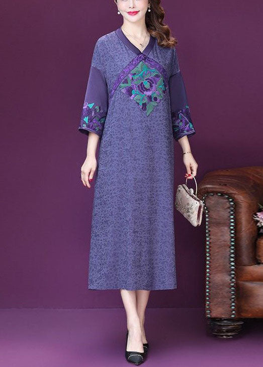 Purple Embroideried Patchwork Silk a Line Dresses Bracelet Sleeve