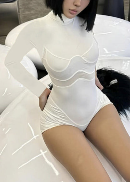 Hot Black Stand Collar Mesh Patchwork Bodysuit