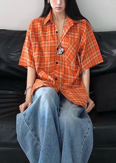 Orange Oversized Plaid Cotton Top Summer