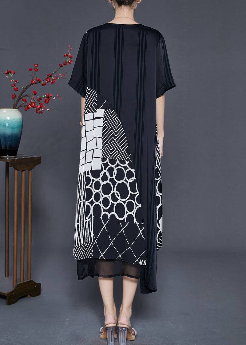 Black Asymmetrical Patchwork Silk Maxi Dresses Summer