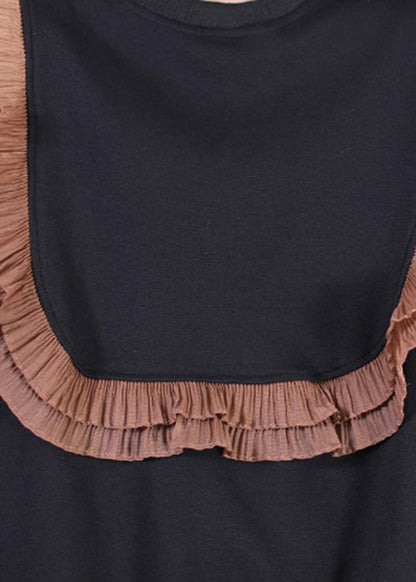 Coffee O-neck Ruffled Patchwork Cotton Sweatshirts Fall