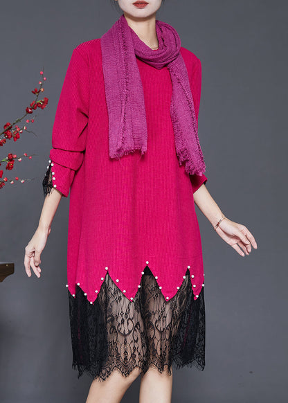 Rose Lace Patchwork Nail Bead Knit Dresses Spring