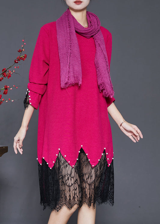 Rose Lace Patchwork Nail Bead Knit Dresses Spring
