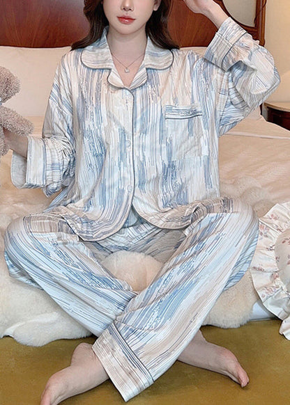 Striped Peter Pan Collar Button Cotton Pajamas Two Pieces Set Spring