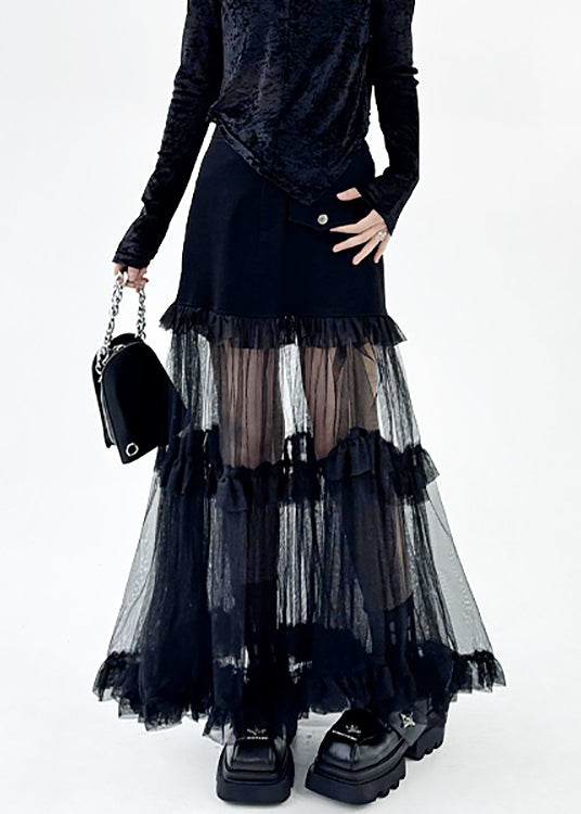 Art Black Ruffled Tulle Patchwork Skirt Summer