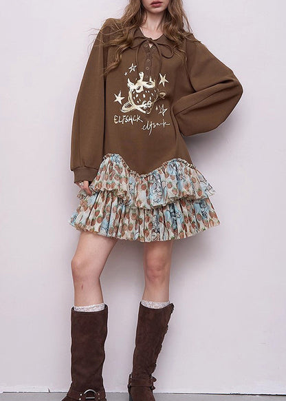 Brown Oversized Patchwork Cotton Sweatshirts Dress Fall