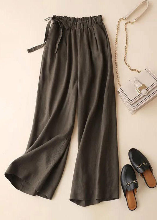 Chocolate Linen Wide Leg Pants Draping Elastic Waist Summer