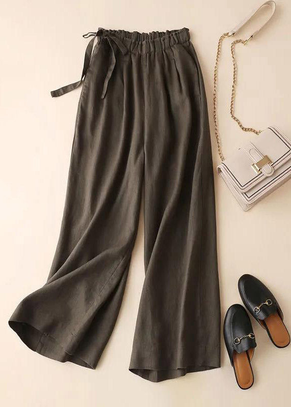 Chocolate Linen Wide Leg Pants Draping Elastic Waist Summer