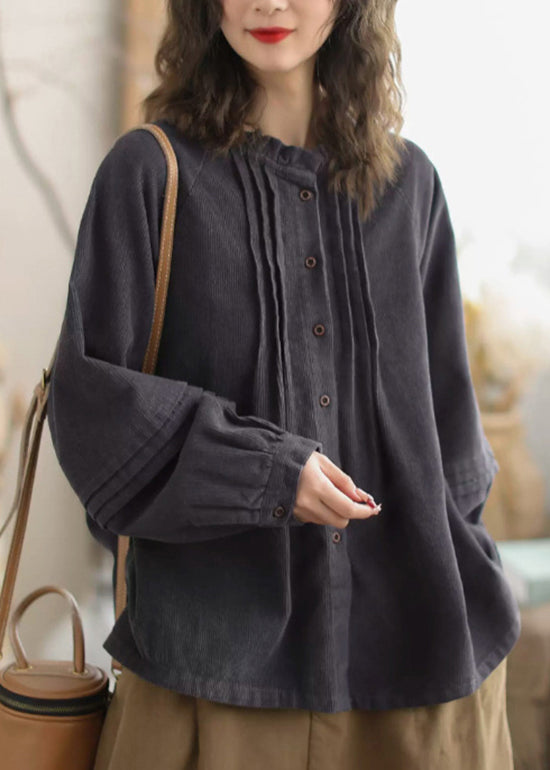 Beige Button Wrinkled Corduroy Blouses Spring