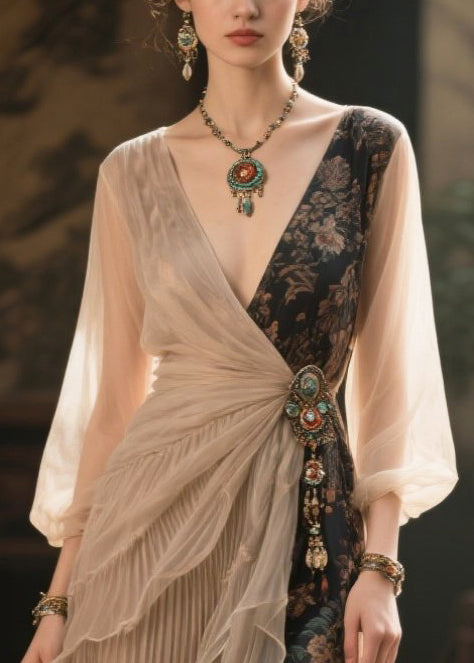 Beige Asymmetrical Patchwork Tasseled Chiffon Dresses Summer